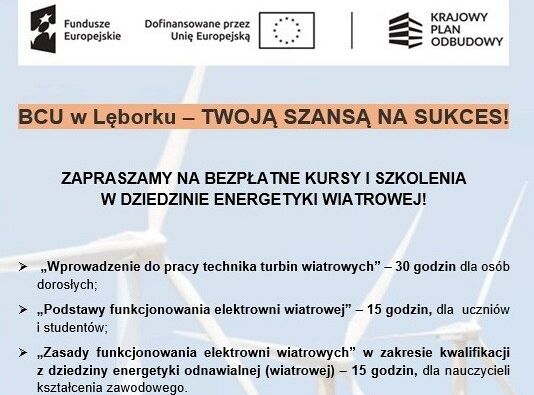 Trwają zapisy na darmowe szkolenia w Branżowym Centrum Umiejętności w zakresie energetyki wiatrowej!